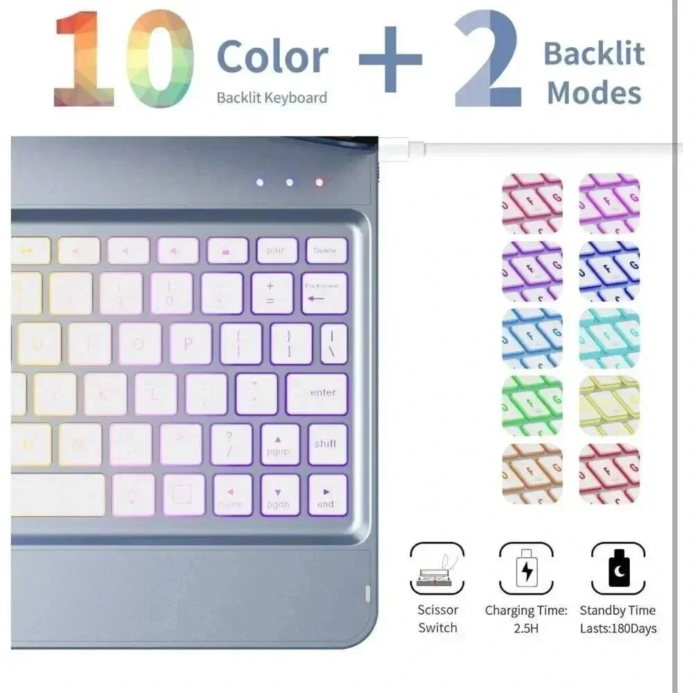 360° Keyboard Case For iPad Pro 11” 4th/3rd/2nd/1st‎ Generation 10 Color Backlit